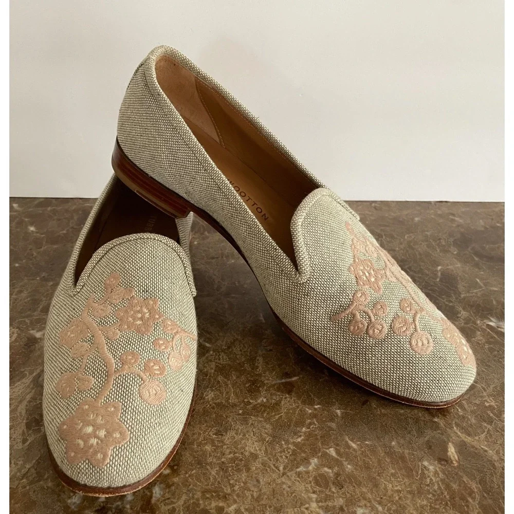 Stubbs & Wootton Palm Beach Womens Linen Floral Embroidered Loafers Coastal 9